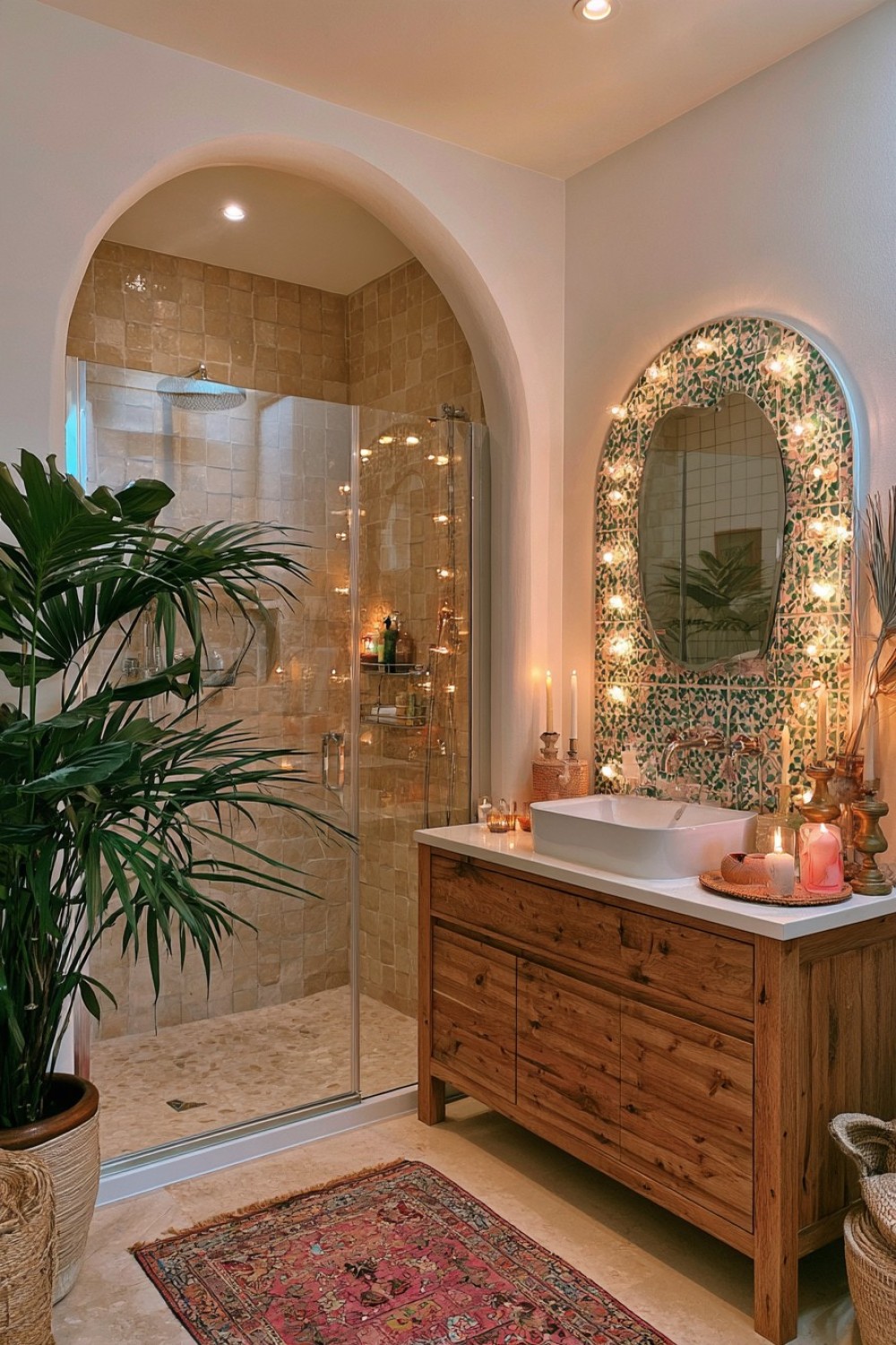 Arched shower entrance surrounded by textured boho bathroom walls