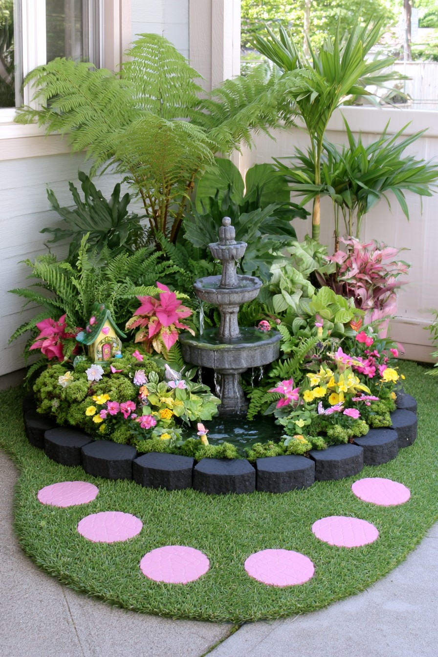 Tiered fountain surrounded by lush tropical foliage in a fairy garden corner