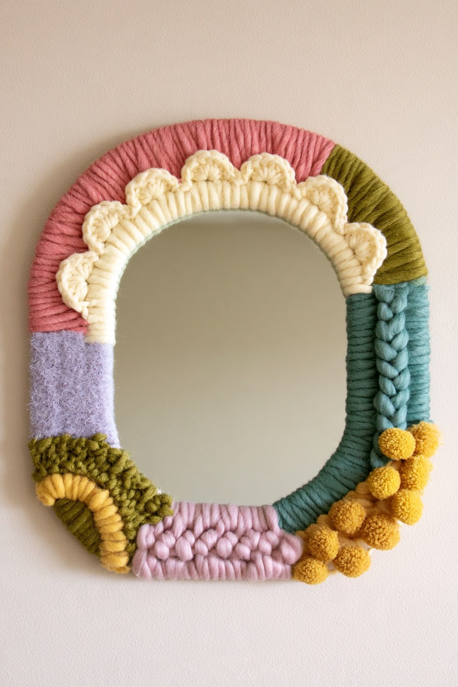 Mirror surrounded by layered yarn and crochet decoration
