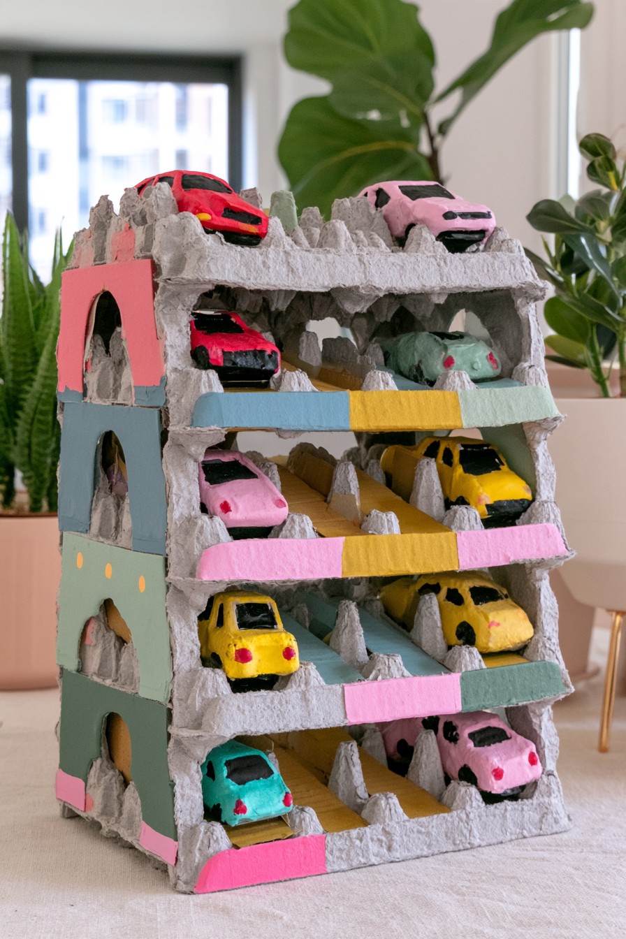 Multi level toy car parking garage made with egg cartons and reinforced cardboard
