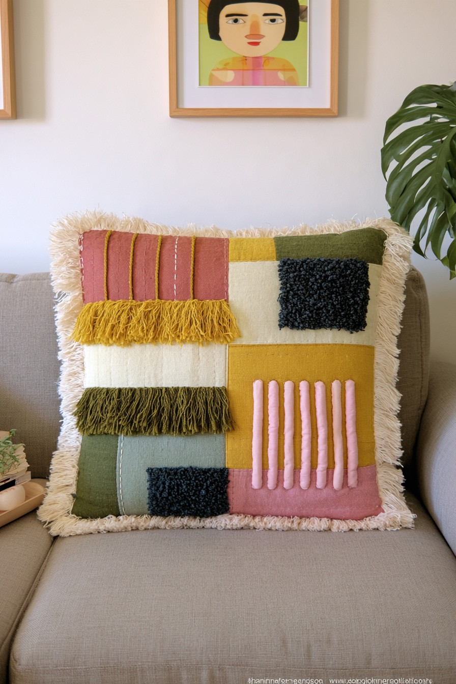 Textured patchwork pillow with fringe and raised fabric details