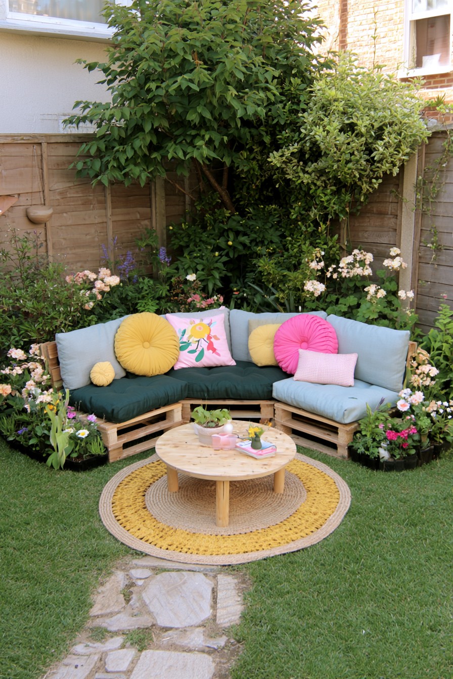 Angled pallet corner seating with round cushions and coffee table