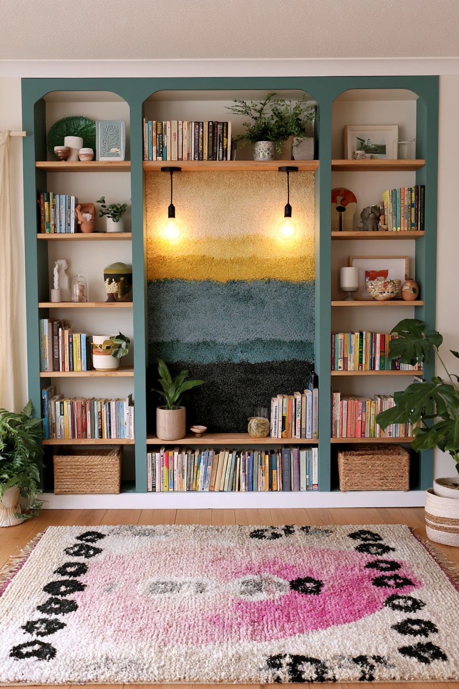 Blue green built in shelving with painted horizontal color blocks