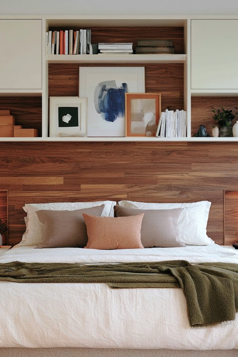 Bedroom storage fitted around the headboard with accessible cabinets