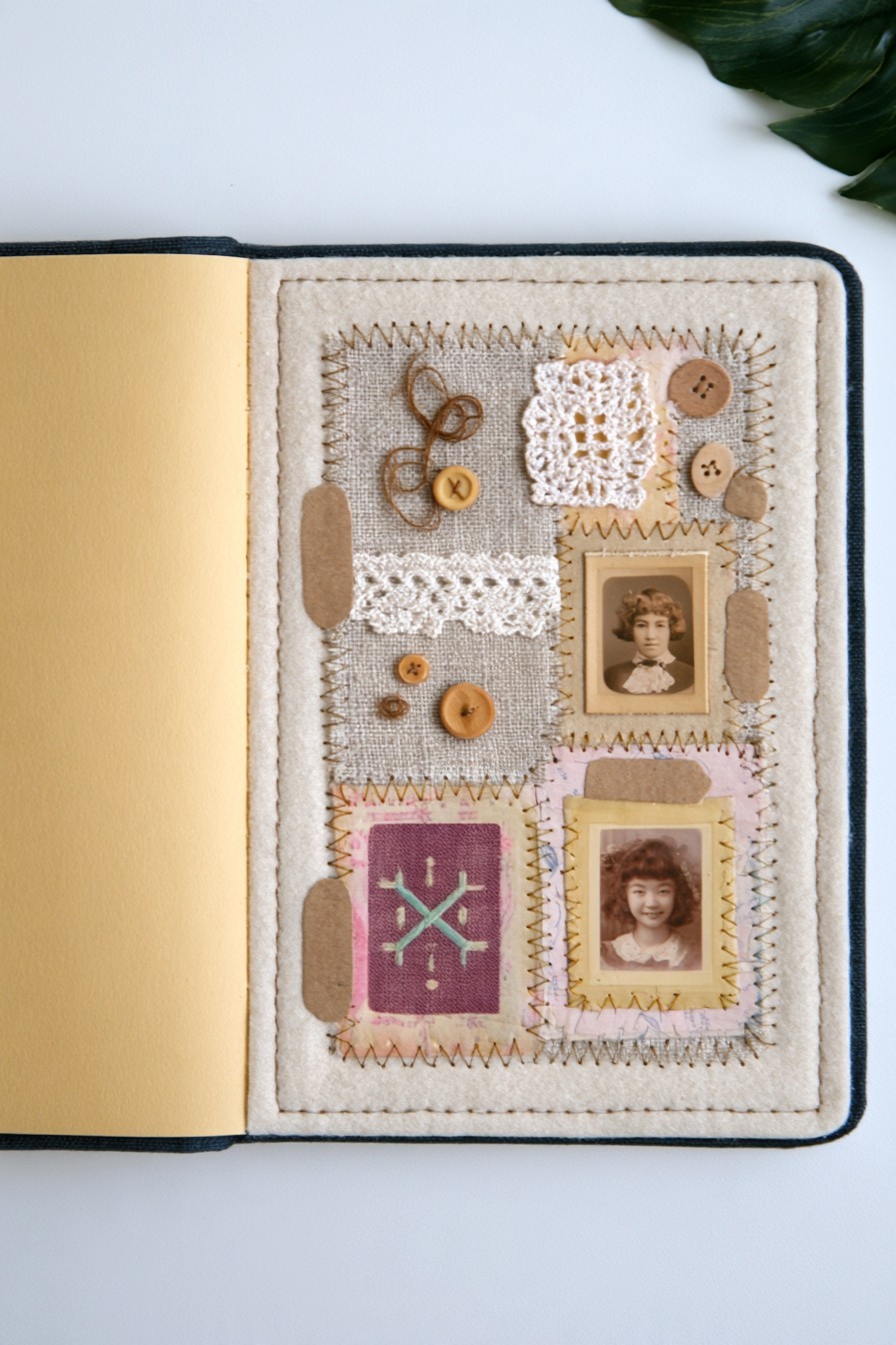 Stitched linen portrait composition with vintage details