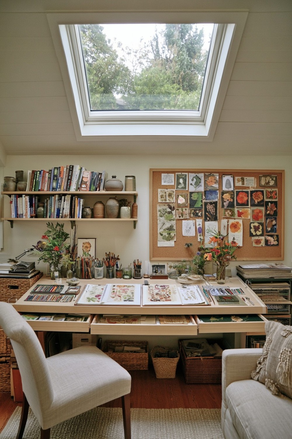 Botanical illustration and pressed flower workspace in an attic