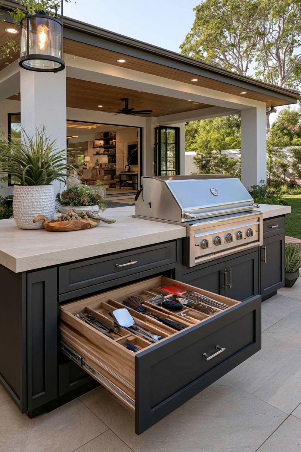 Outdoor kitchen drawer organized for grilling tools