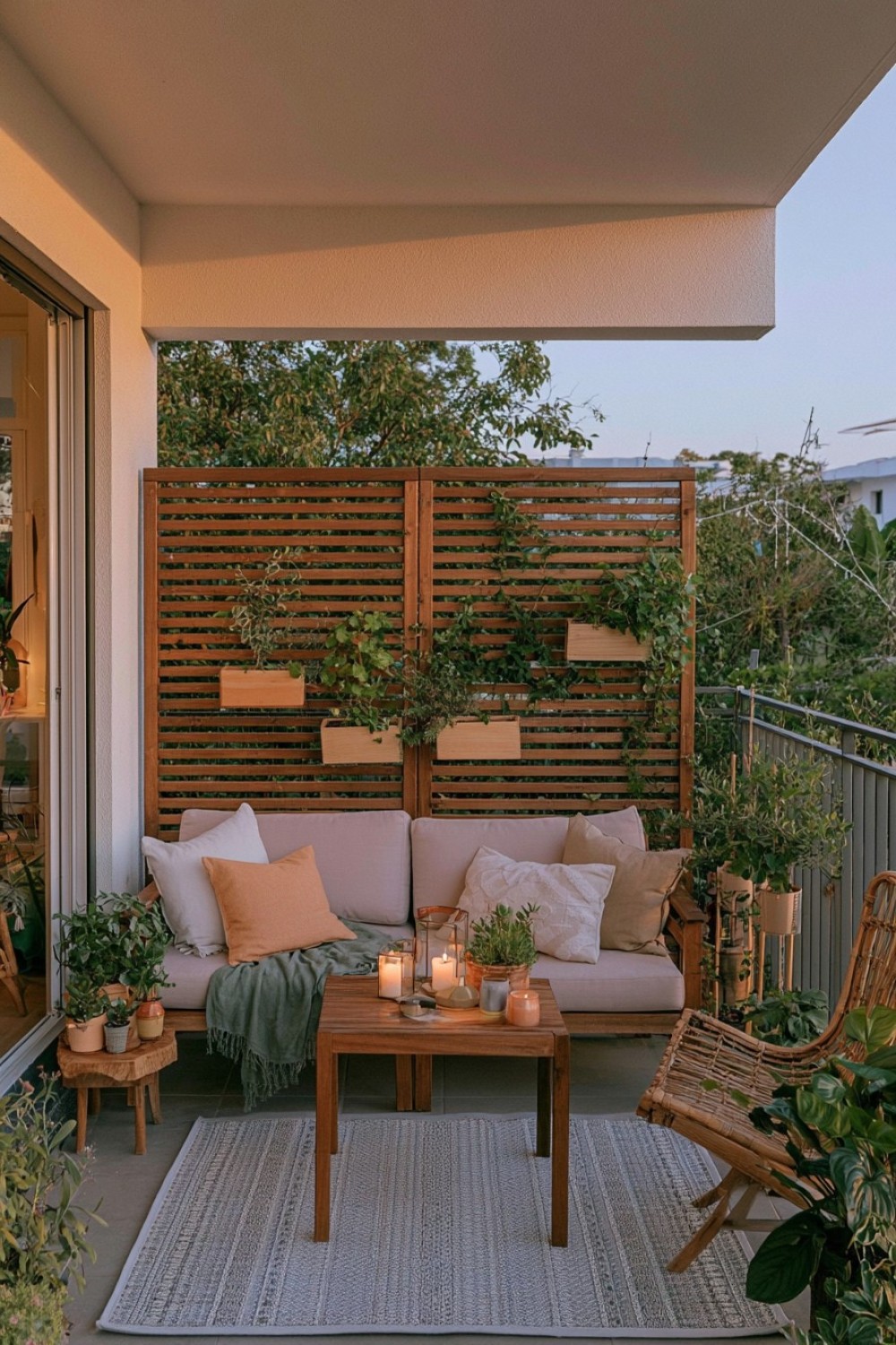 Apartment balcony privacy screen combined with secure plant display