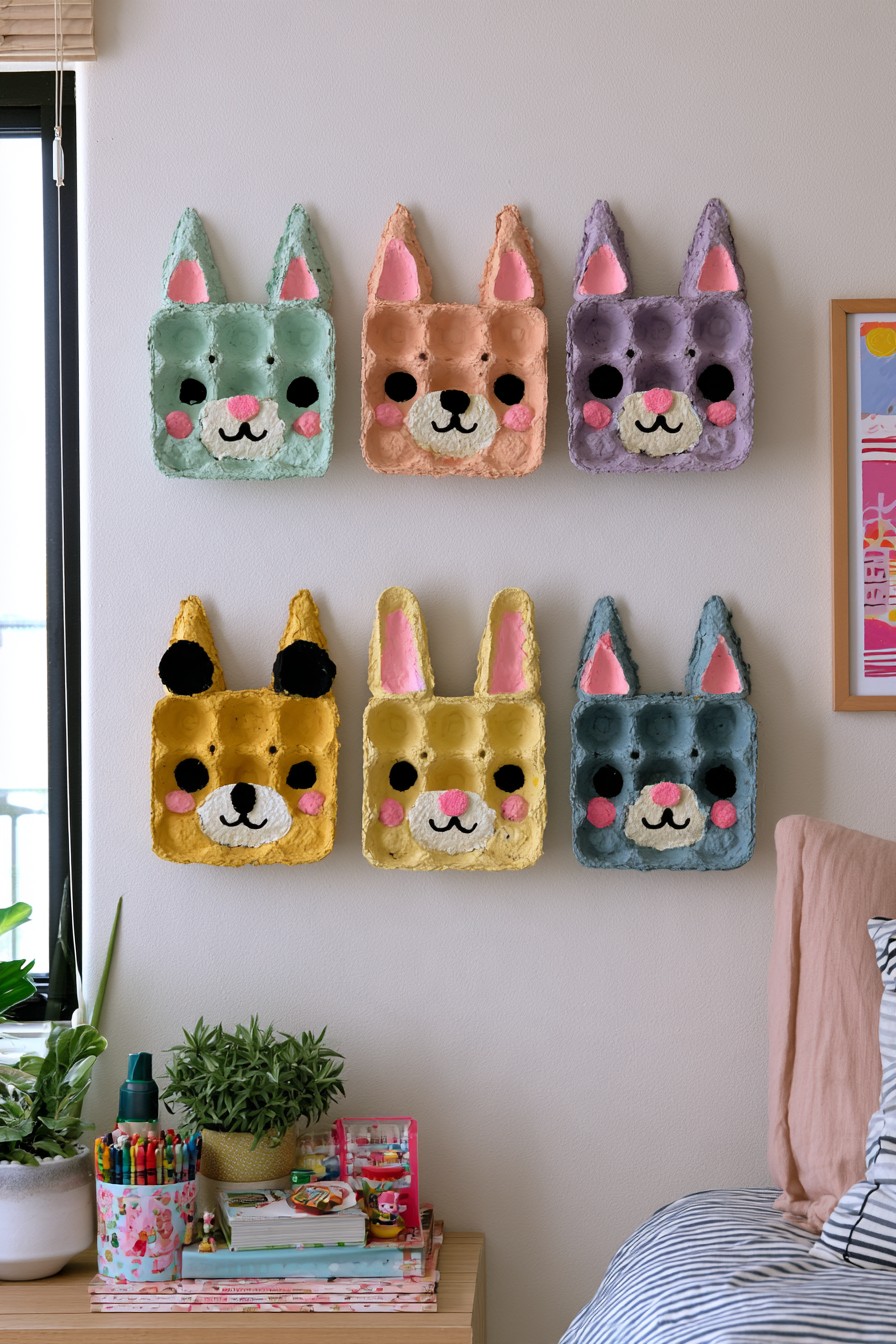 Colorful animal face wall decorations crafted from recycled egg cartons