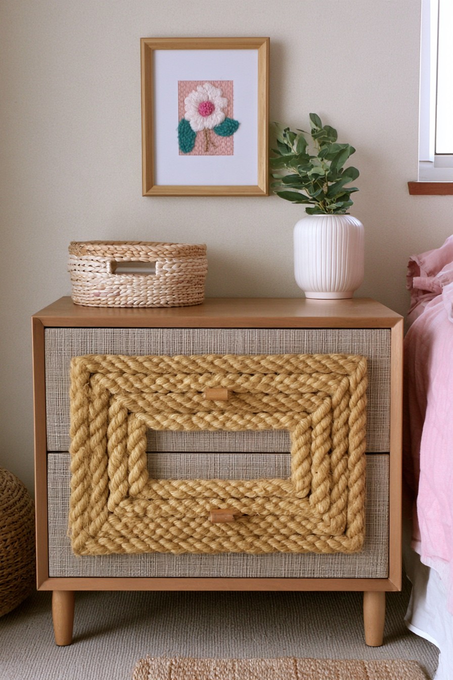Rope framed drawer fronts with woven texture