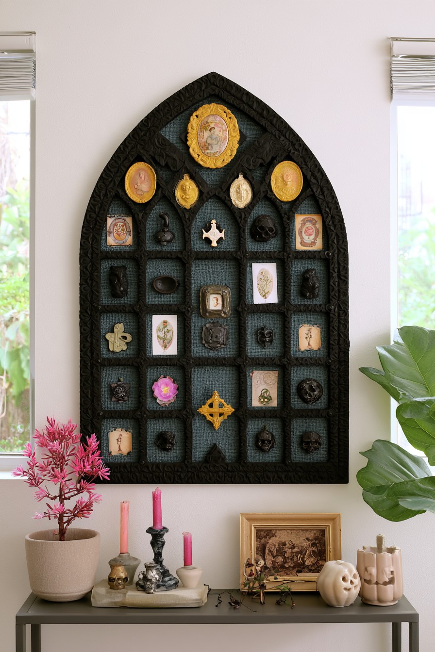 Tall pointed black wall display with blue gray compartments holding small portraits, botanical images, and symbolic objects