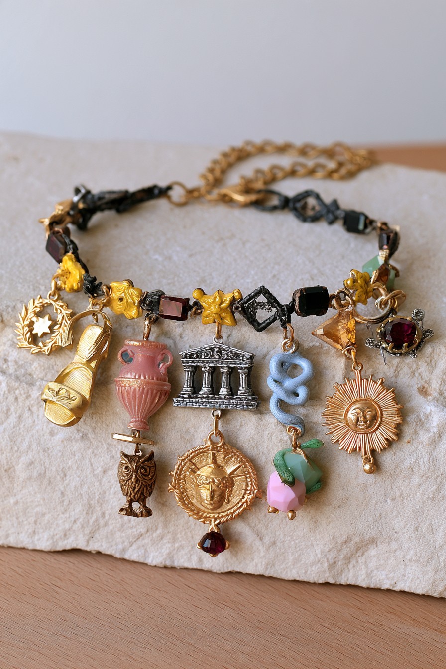Ancient mythology bracelet with temple amphora owl serpent coins and classical motifs