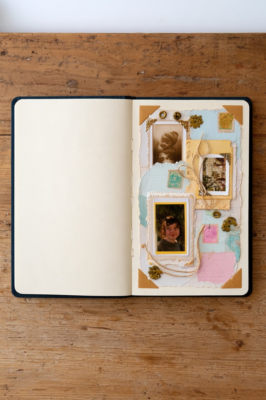 Layered postcard collage with vintage paper details