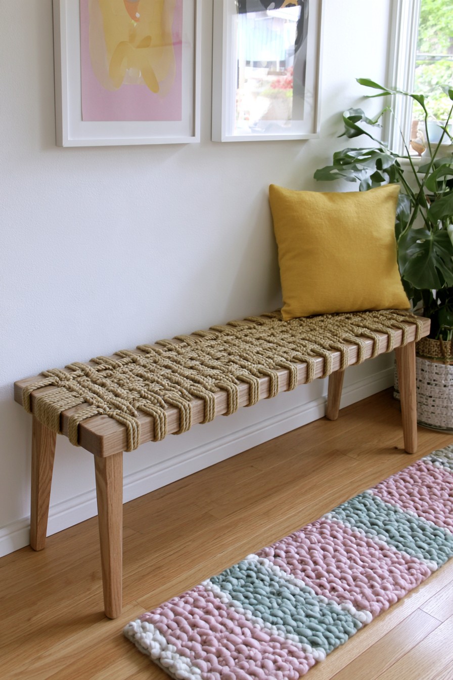 Woven rope bench with solid wood frame