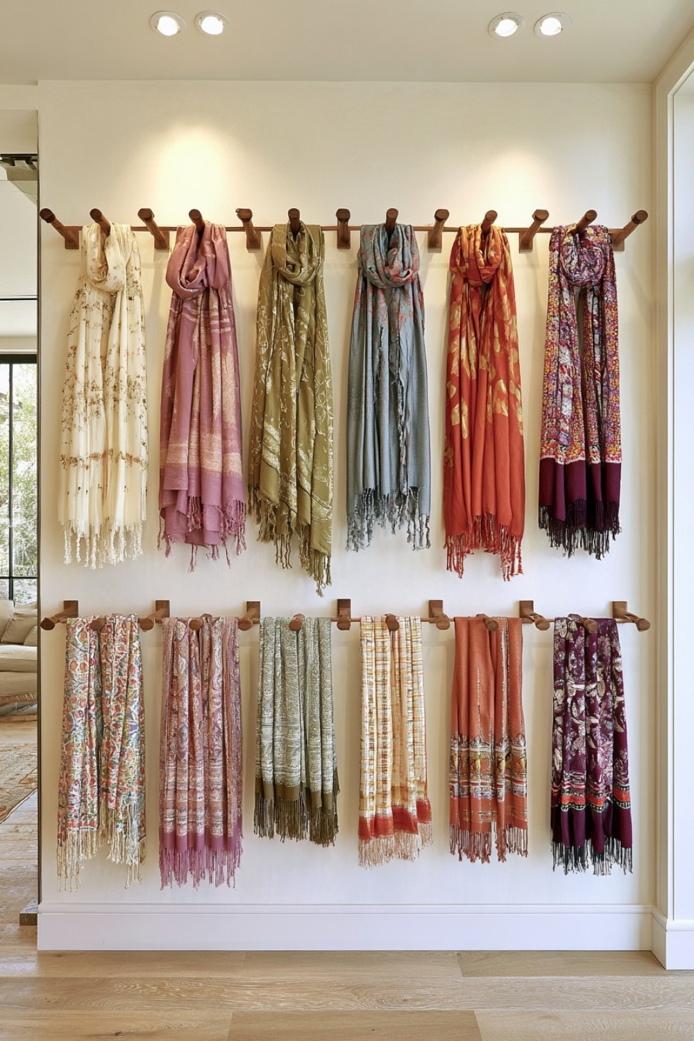 Boutique scarf wall arranged on individual wooden pegs