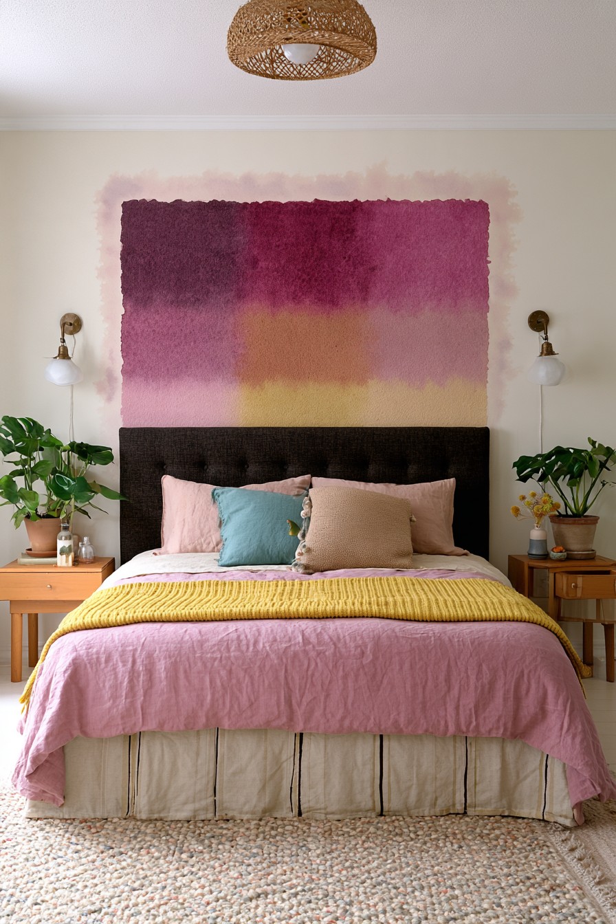 Plum pink peach and yellow color block wall above a bed