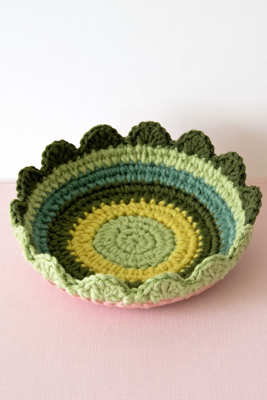 Scalloped crochet catchall bowl in layered green tones