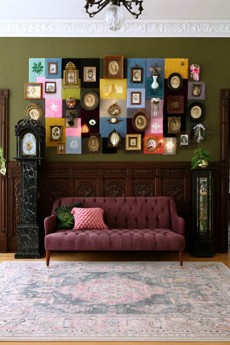 Burgundy tufted sofa beneath mixed portraits on colorful square backings, with a tall clock and slim display cabinet