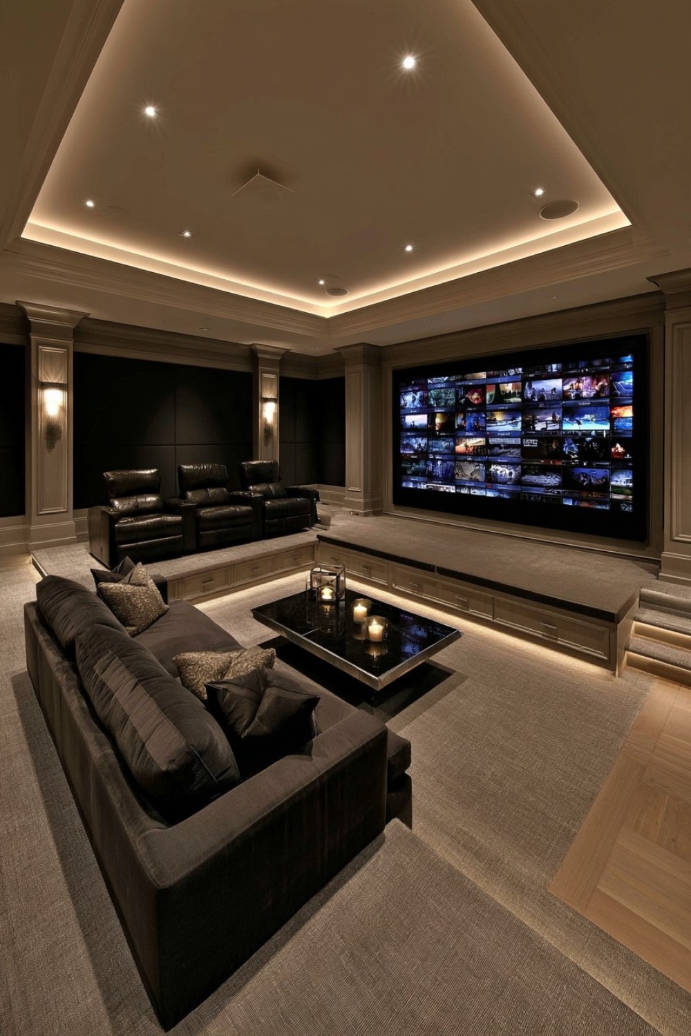 Raised second seating row inside a basement home theater