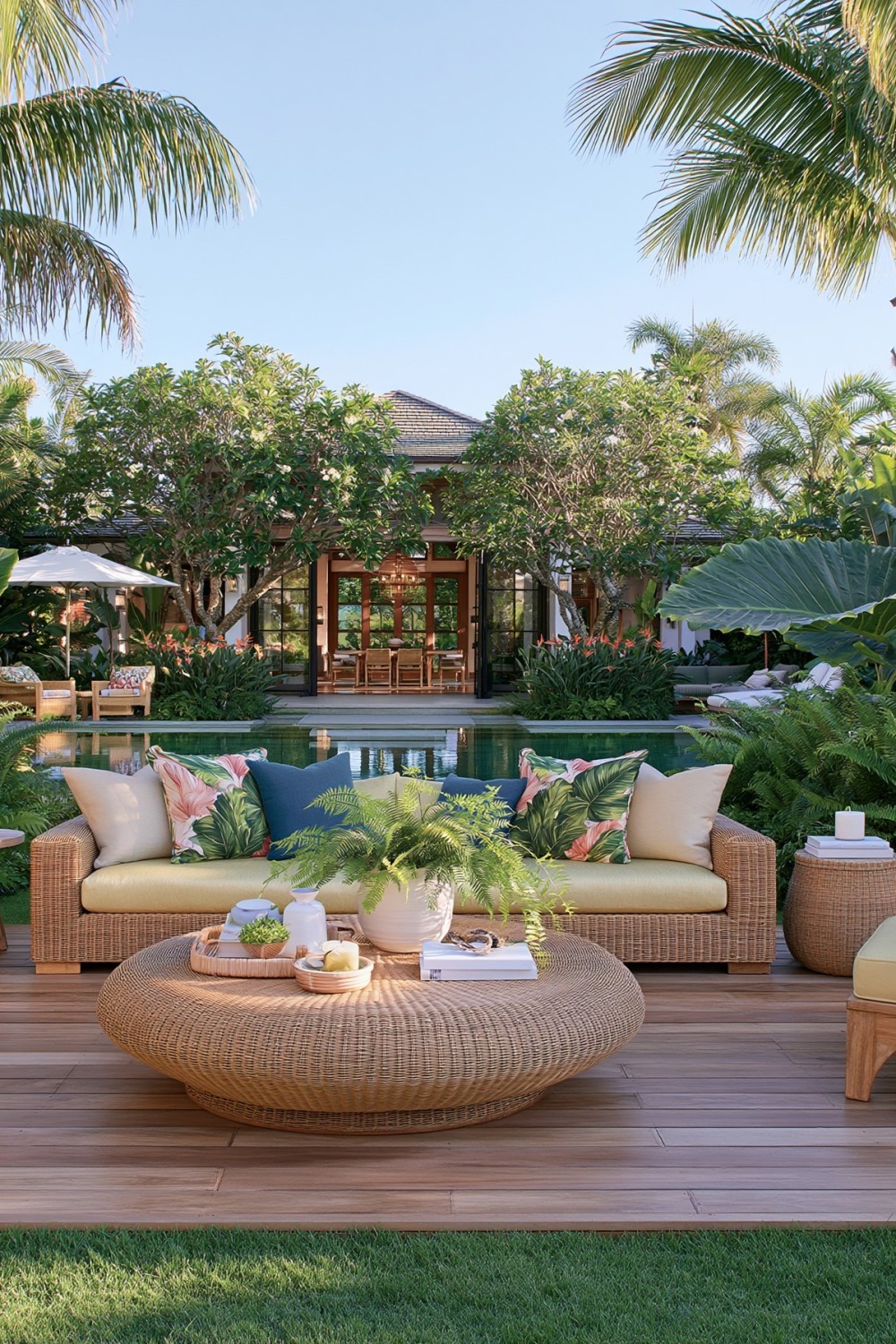 Weather-resistant cushions and textiles arranged on tropical patio furniture