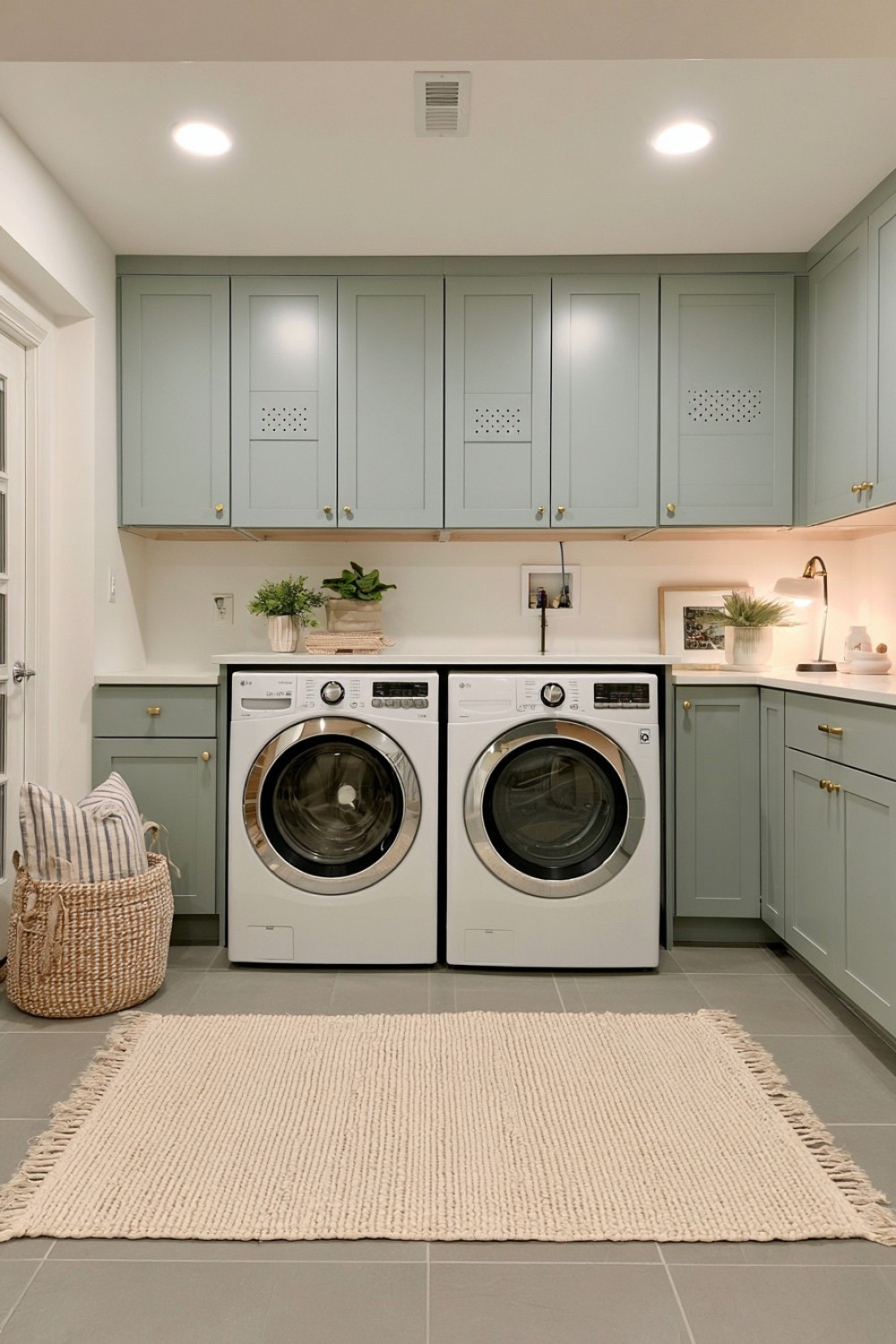 Basement laundry utility wall concealed behind accessible cabinetry