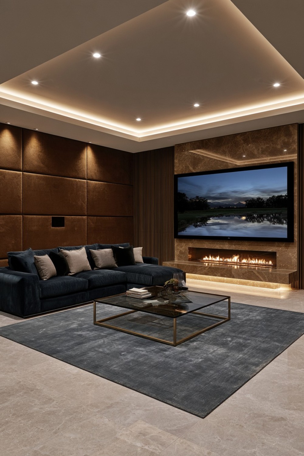 Exposed basement column integrated into the home theater design