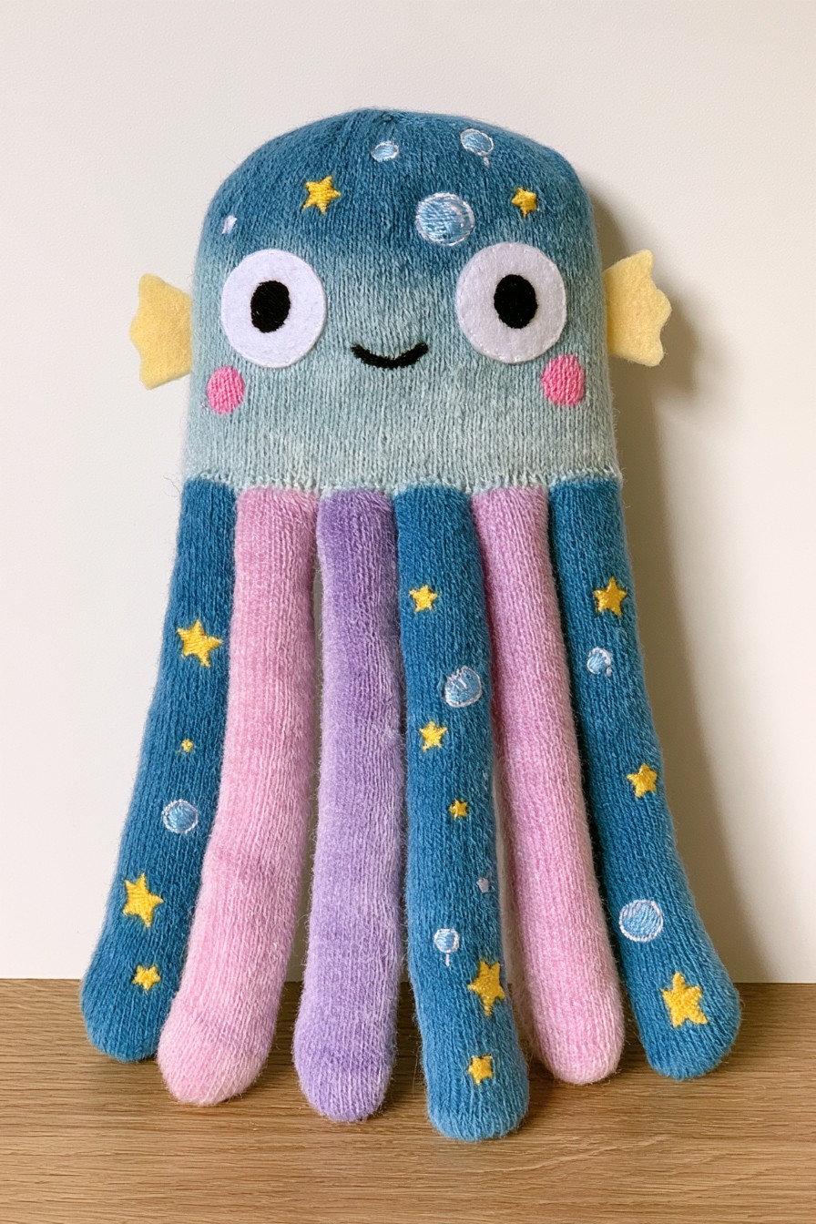 Blue jellyfish character with a rounded head and blue, pink and lavender tubular tentacles