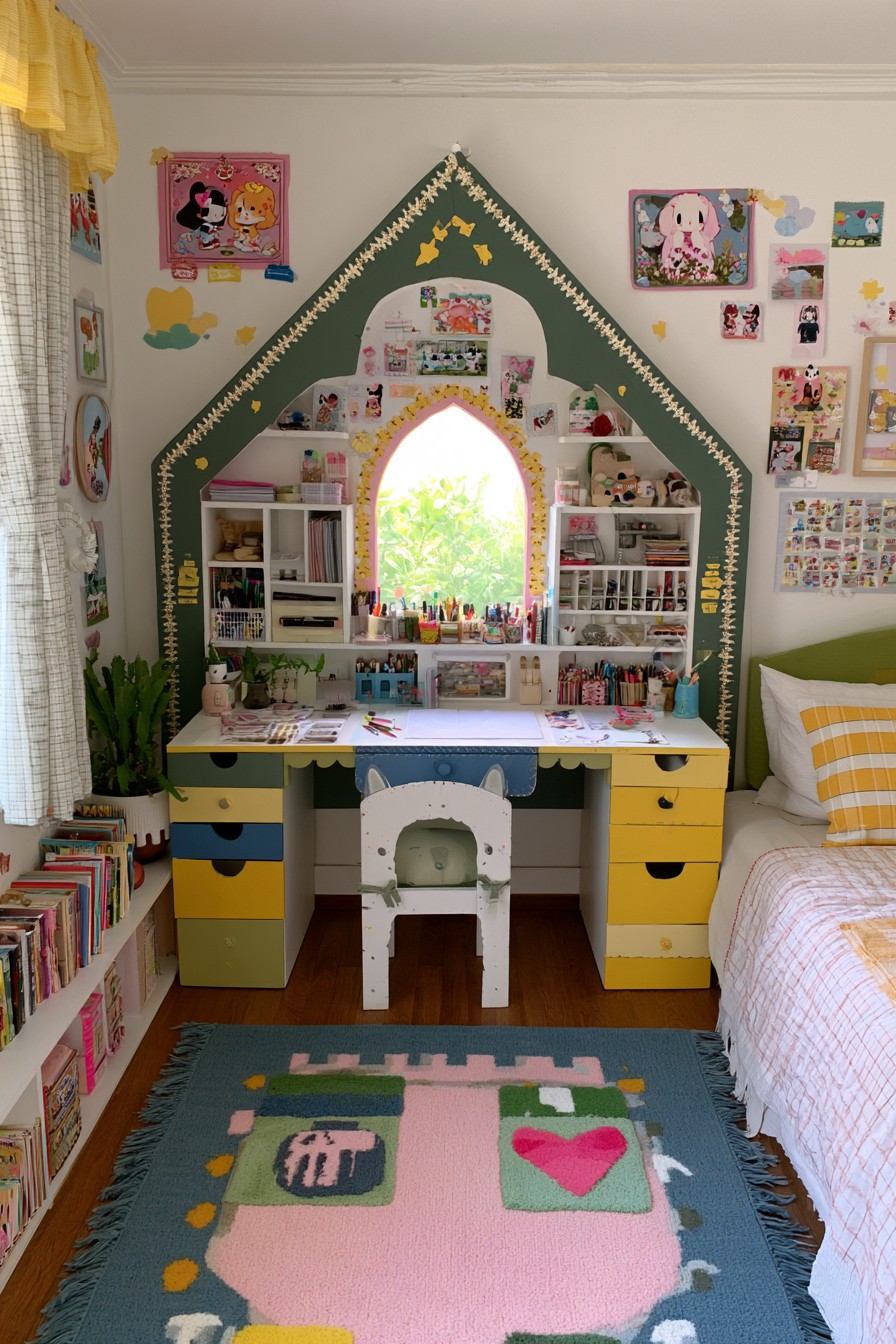 Craft desk with colorful drawer stacks and supply shelves beneath a green cottage shaped wall outline around an arched window