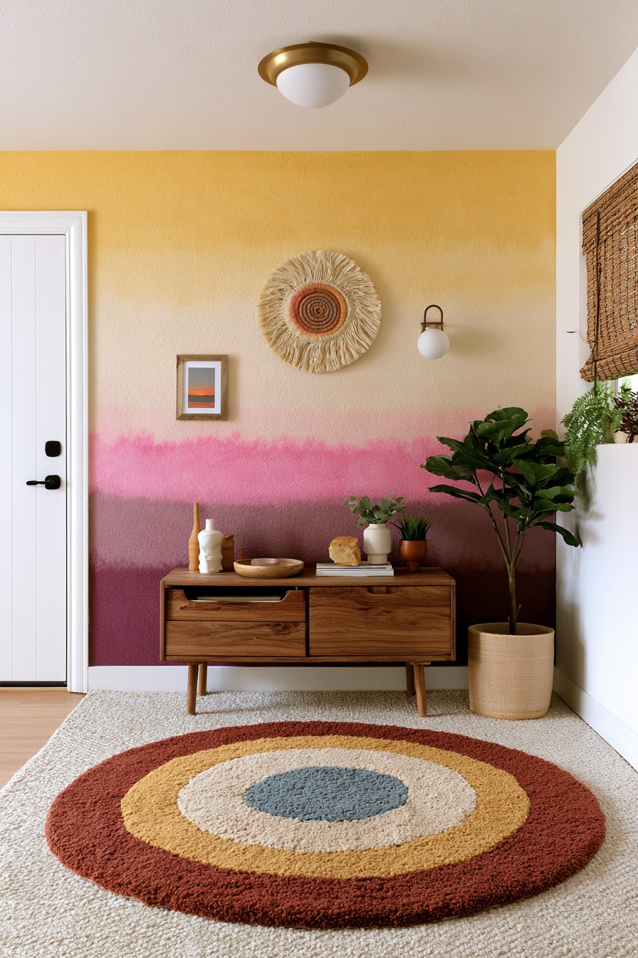 Warm yellow pink mauve and brown ombre wall painting