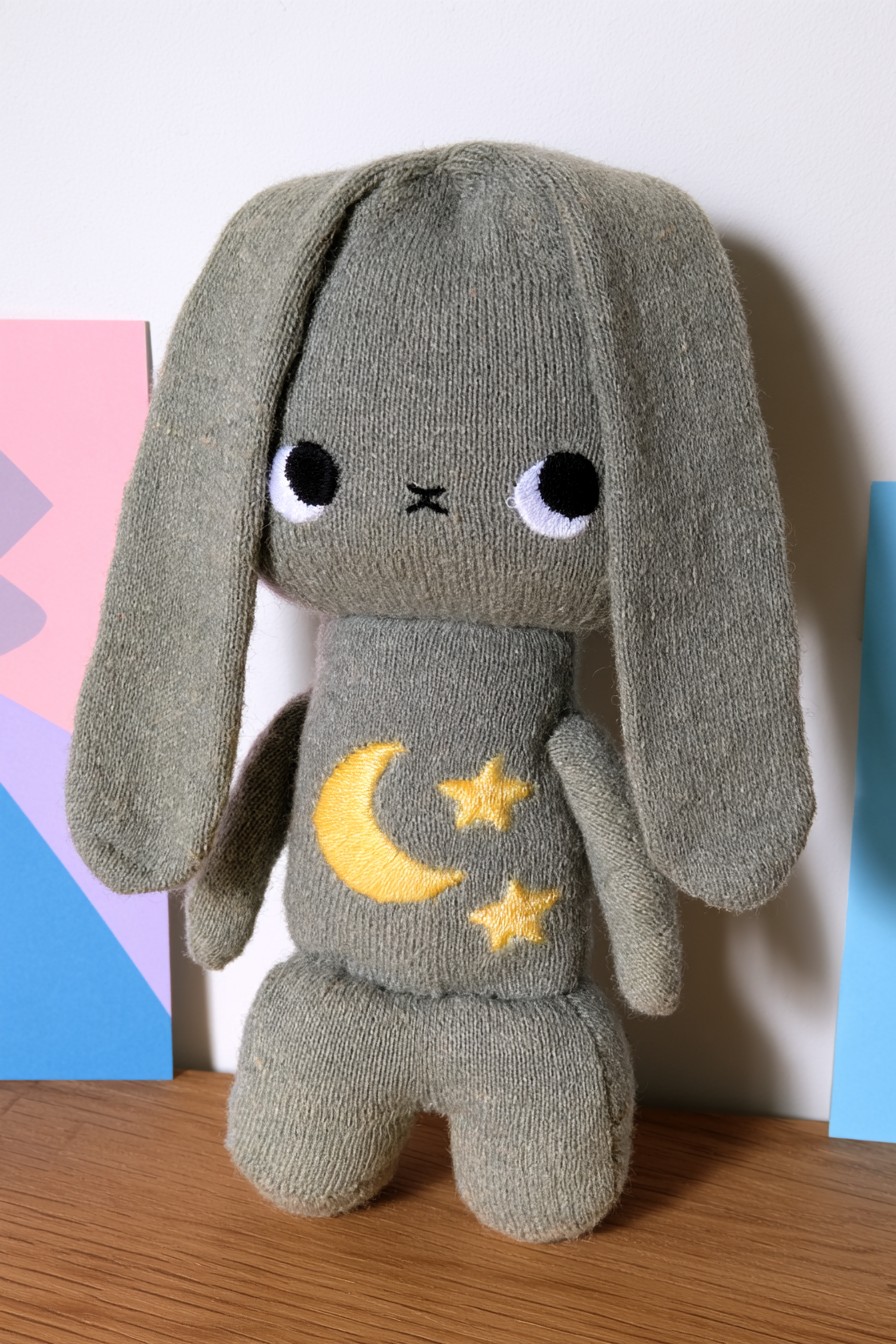 Gray rabbit character with long floppy ears, a yellow crescent and embroidered stars