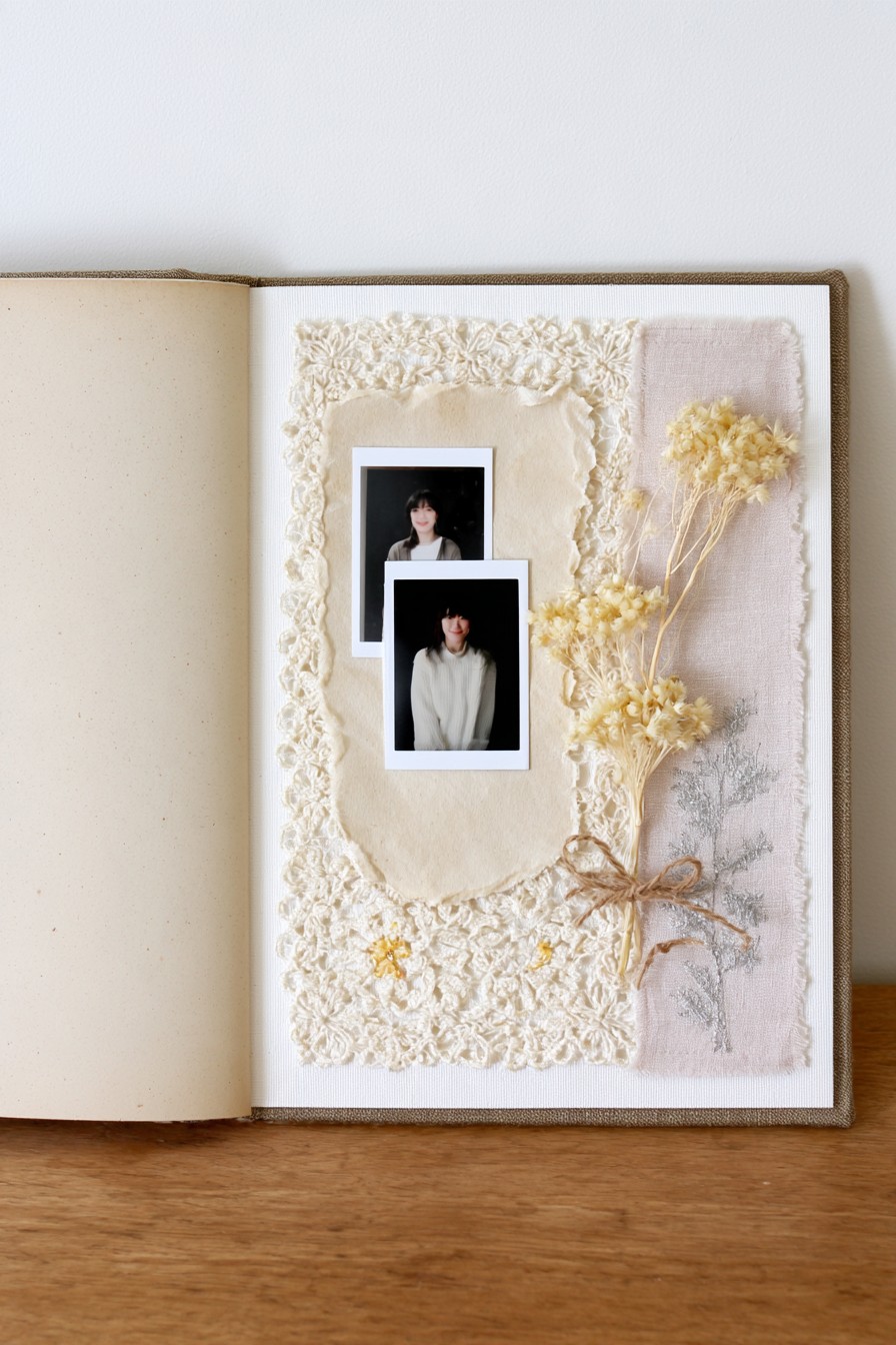 Soft lace portrait arrangement with dried florals