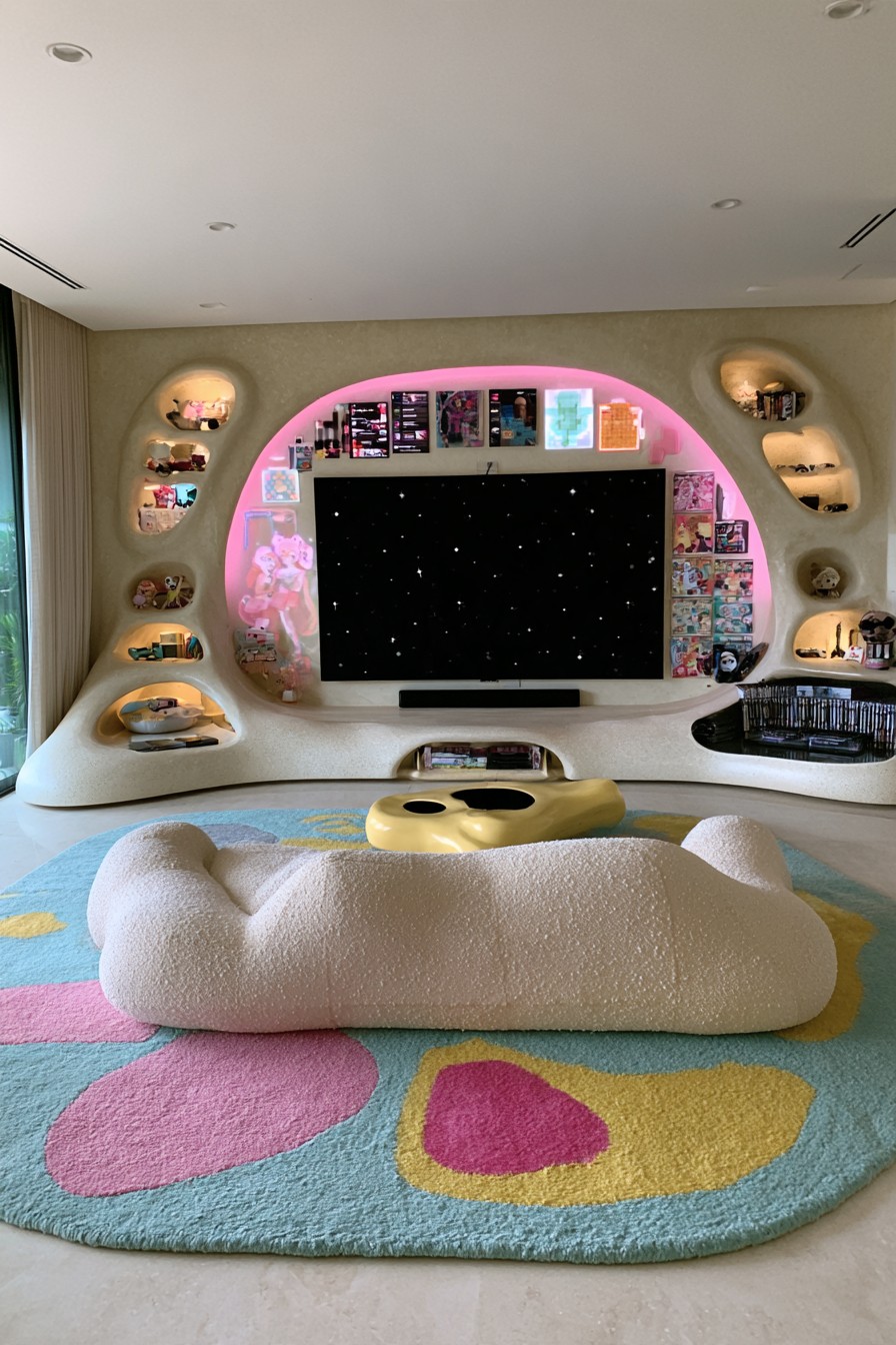Pale curved media wall with rounded display openings, a pink illuminated arch, sculptural cream sofa, and yellow table