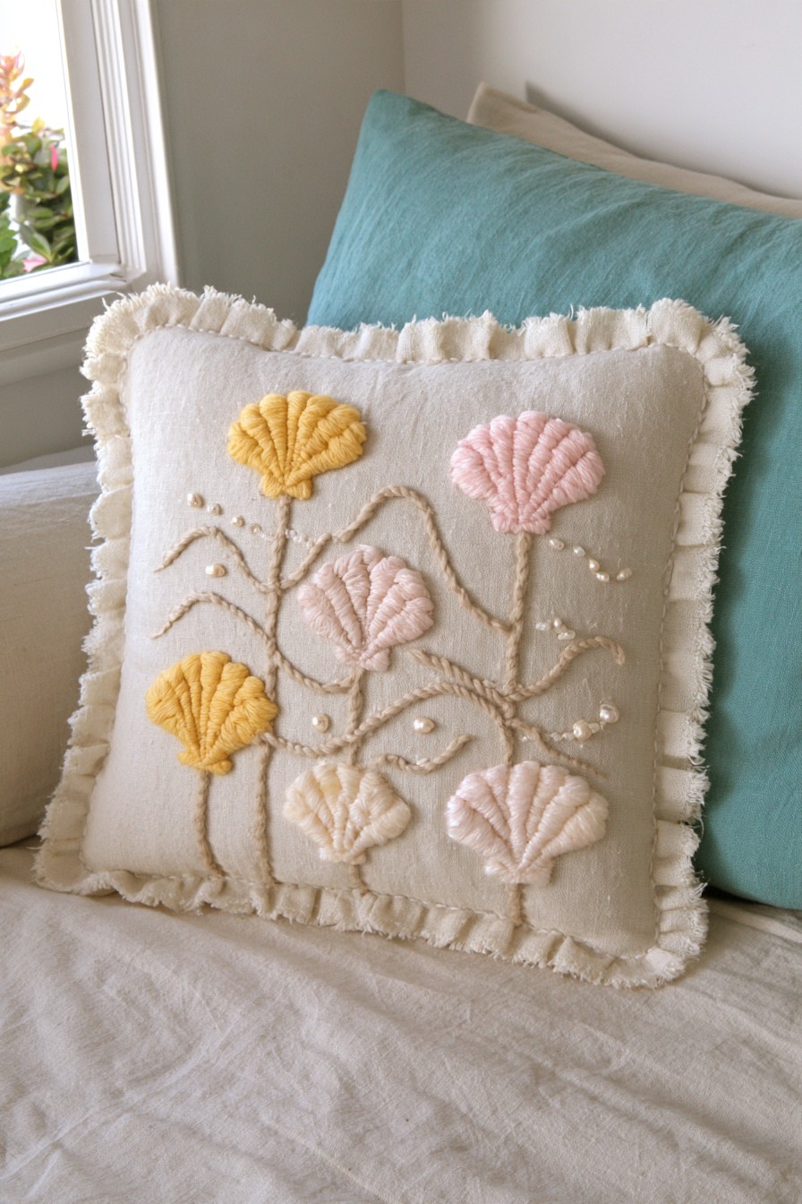 Neutral coastal pillow with embroidered scallop shell motifs and fringe