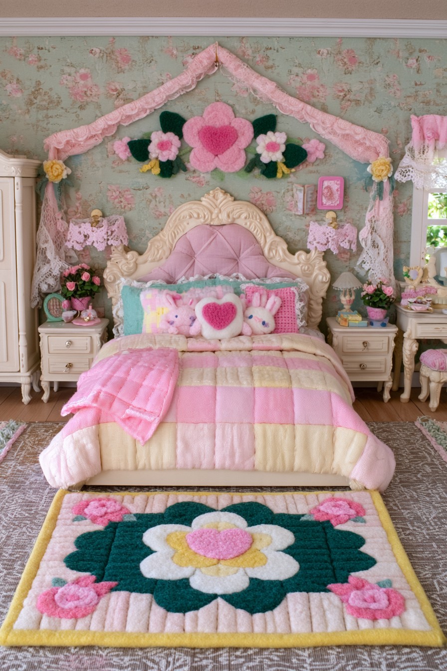 Antique rose princess bedroom with floral wallpaper and vintage textiles