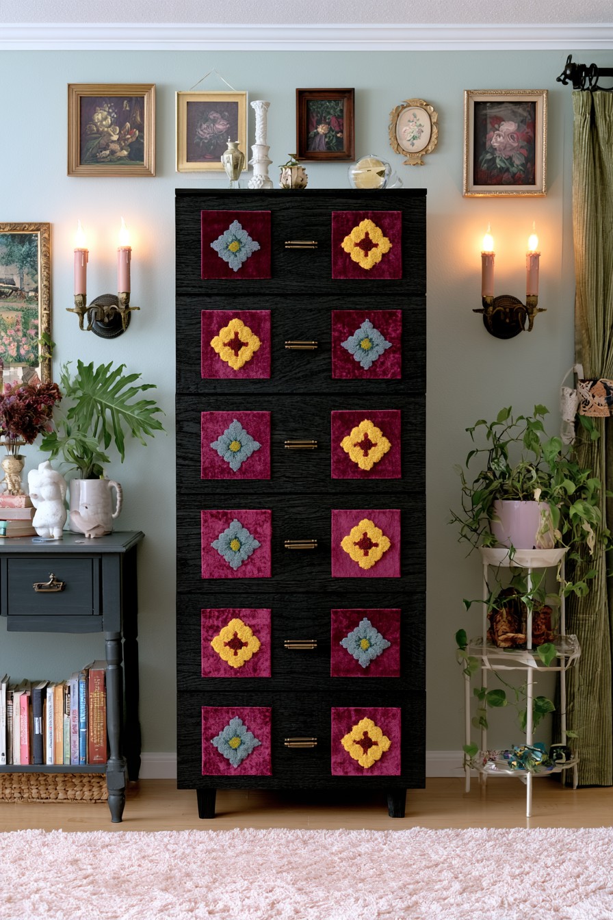 Tufted textile drawer fronts with colorful flower motifs