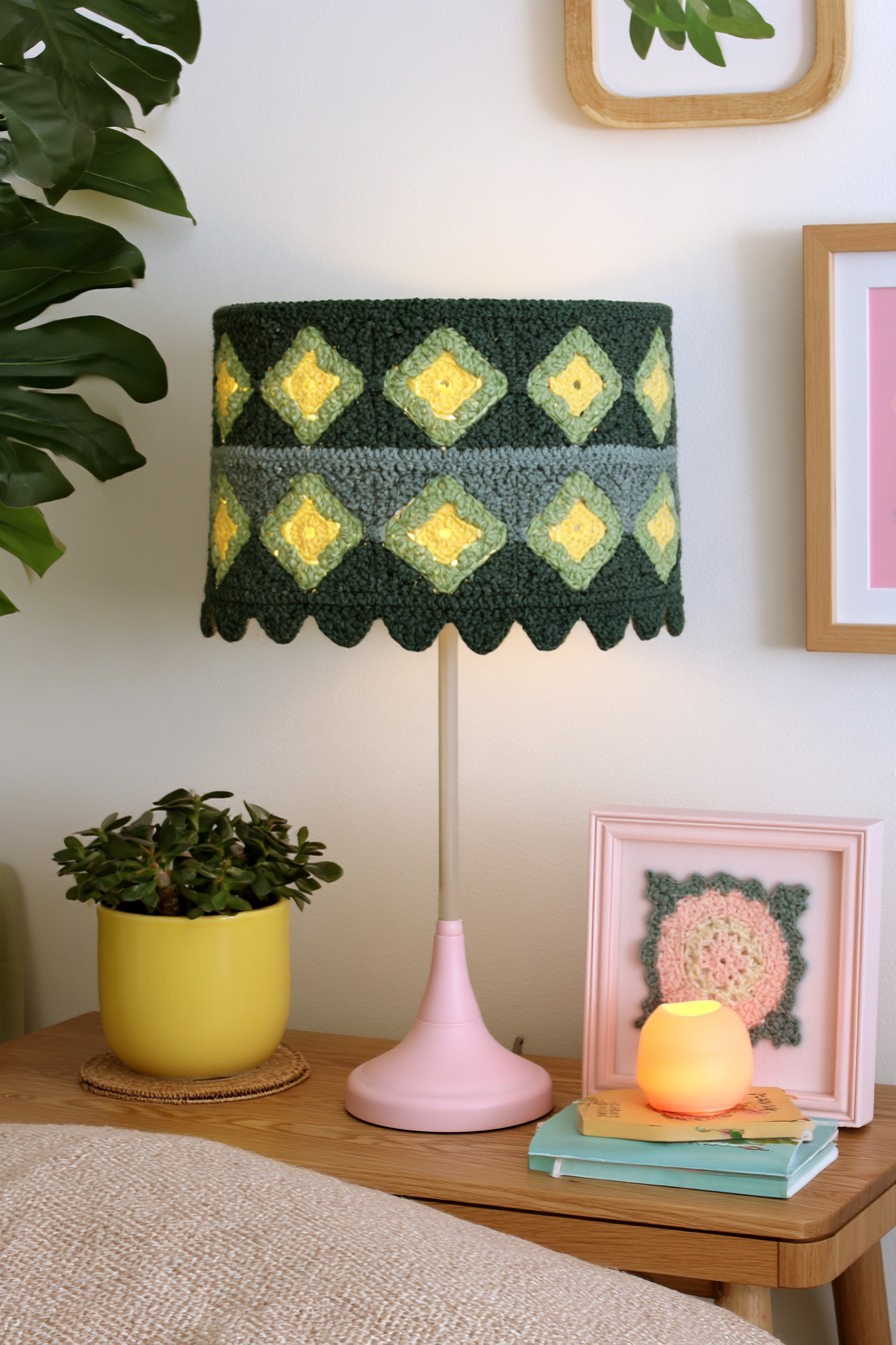 Geometric green crochet lampshade with sage and yellow details