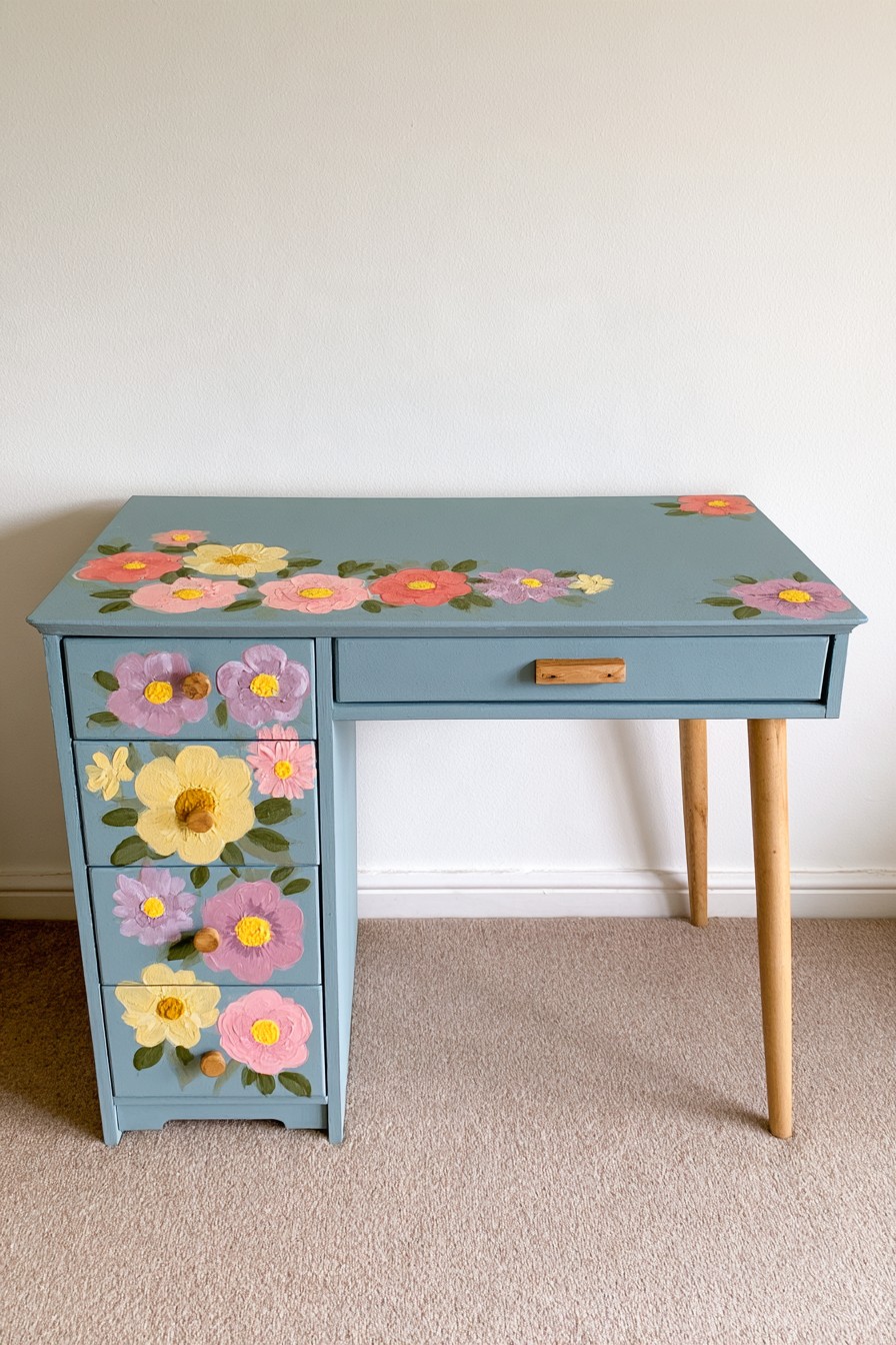 Dusty blue painted desk with colorful floral details and natural wood legs