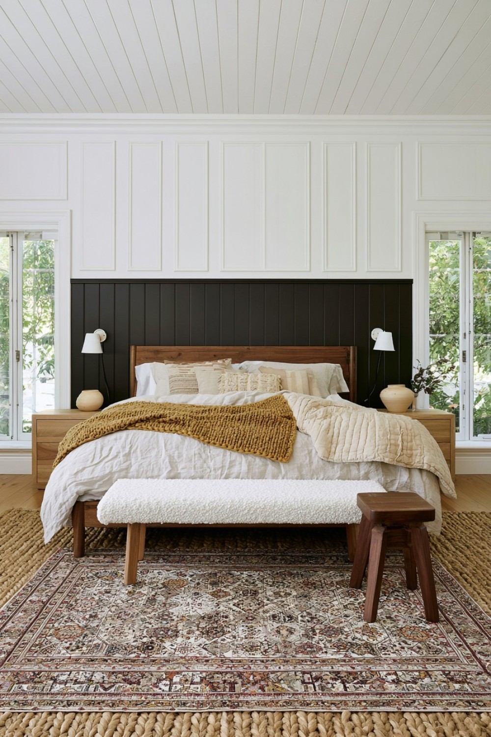 Tonal bohemian bedroom built with layered neutral textures