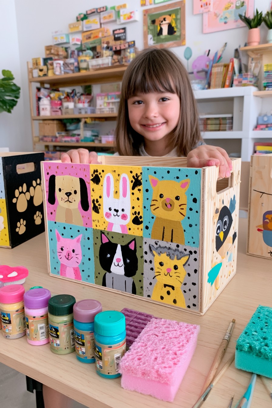 Reused classroom storage box decorated with colorful animal portraits