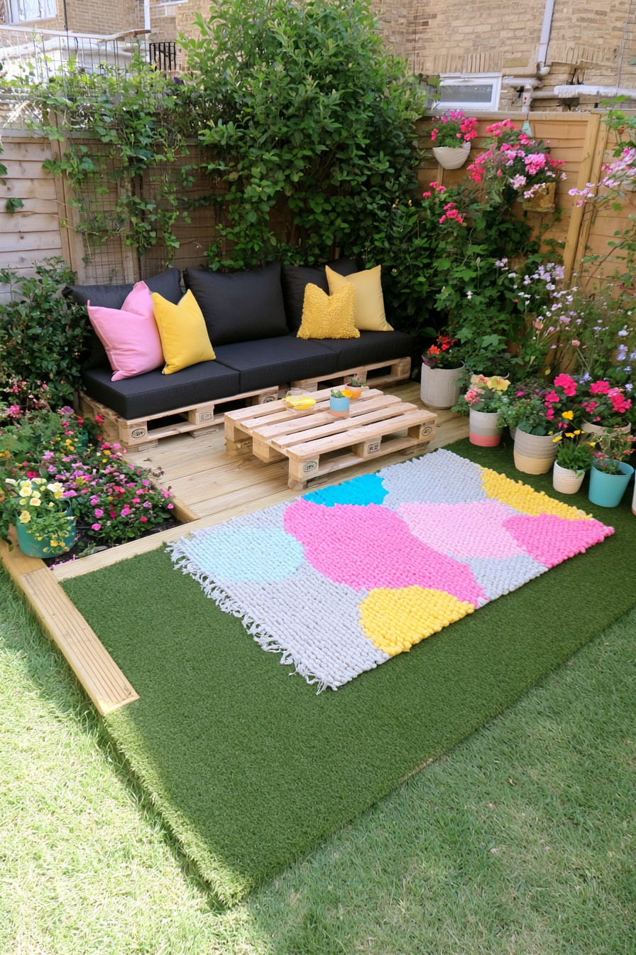 Raised deck with pallet lounge seating and colorful cushions