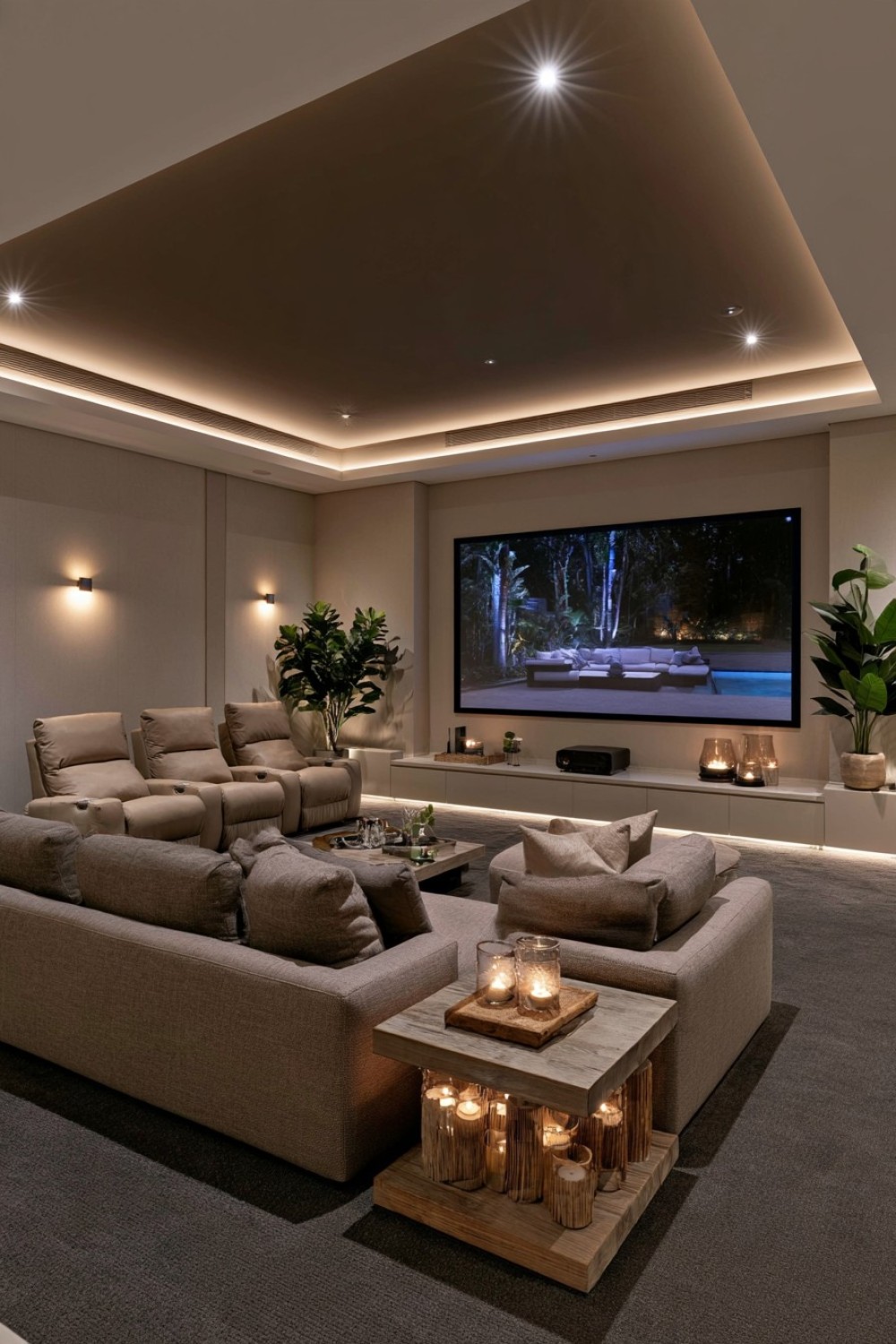 Low basement theater ceiling painted in a dark matte finish