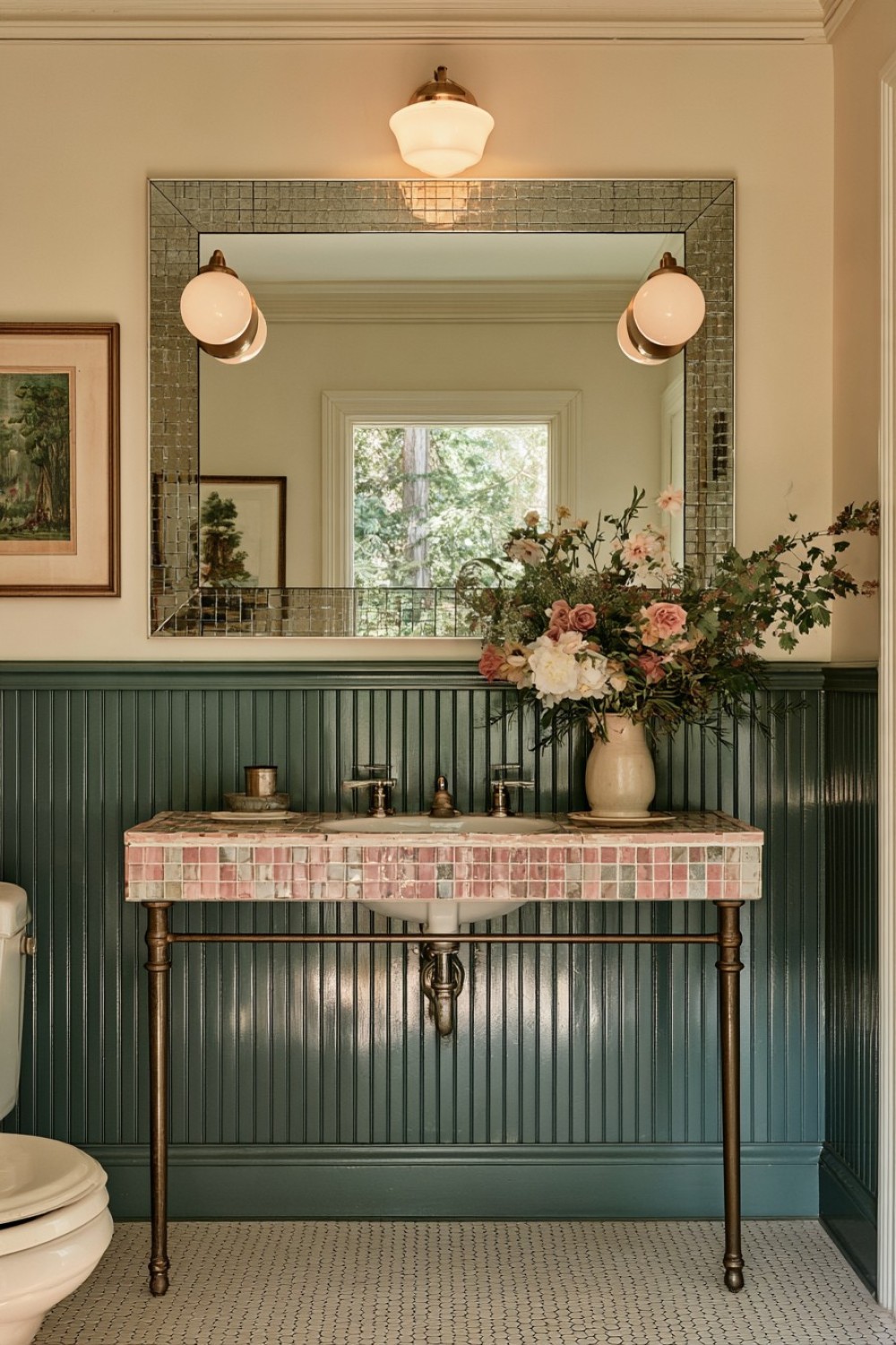 7. Dark Painted Beadboard With White Ceramic Fixtures