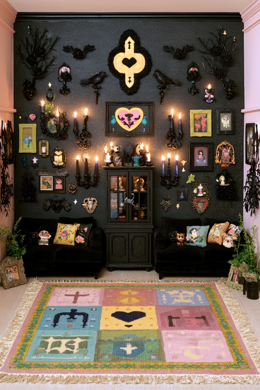 Dense dark gallery wall with bird figures, branches, floral frames, and a central cabinet above a colorful patchwork rug