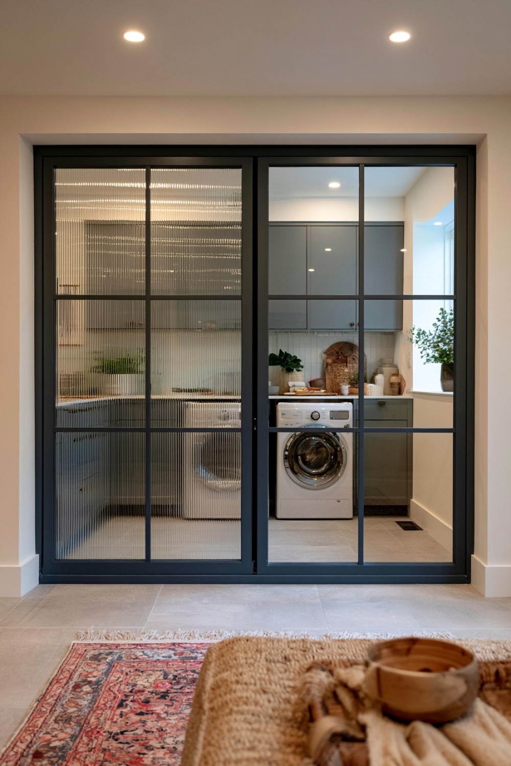 Basement laundry area separated by a ribbed glass partition