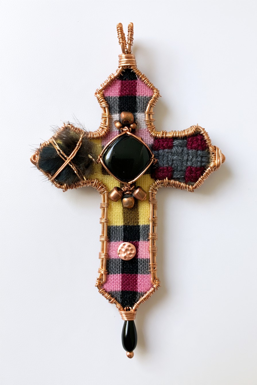 Plaid fabric cross with copper frame and black stone center