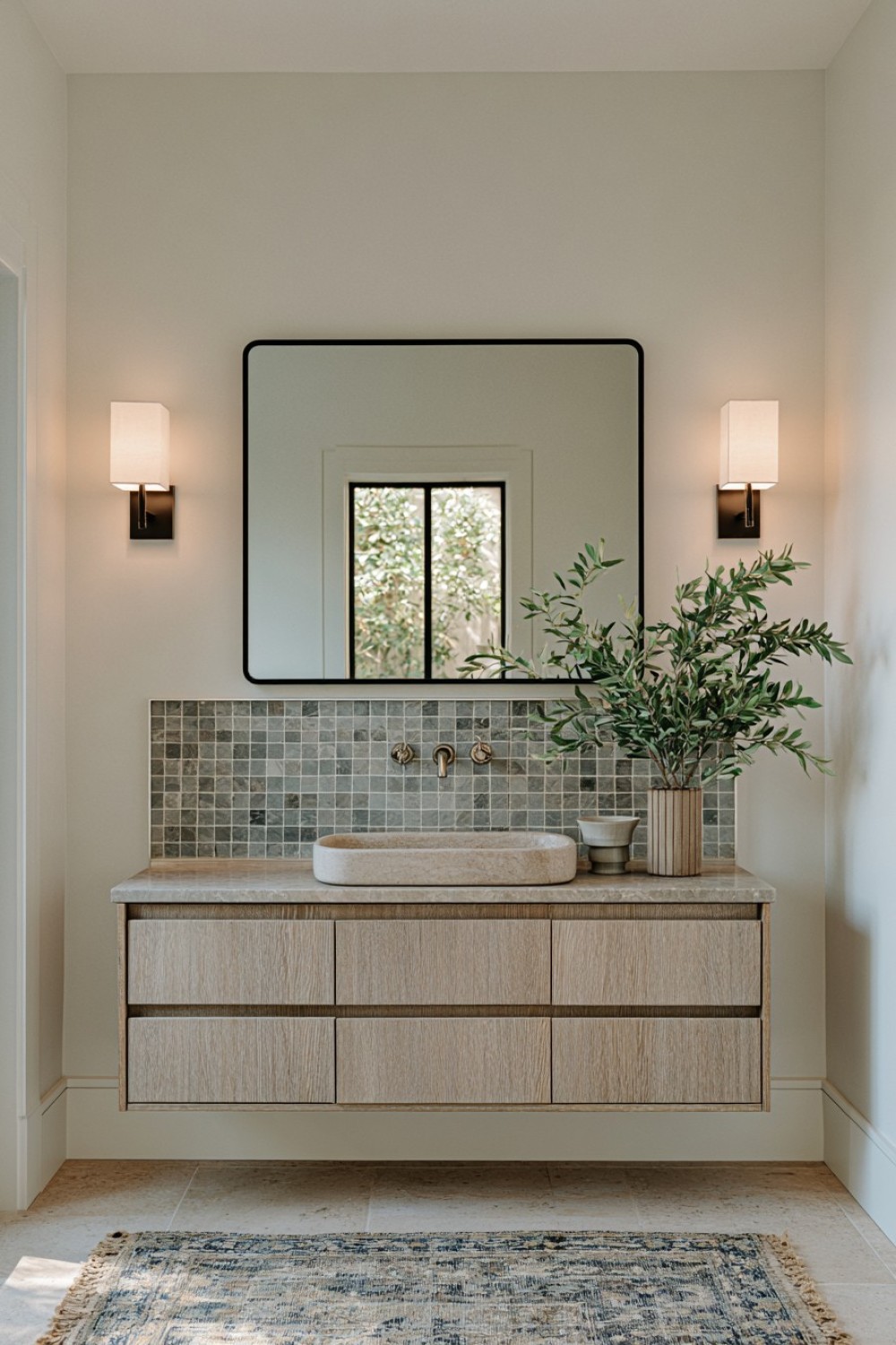 Small bathroom vanity fitted into a shallow wall recess