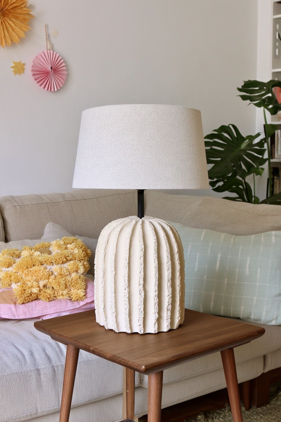 Textured air dry clay table lamp with ribbed decorative base