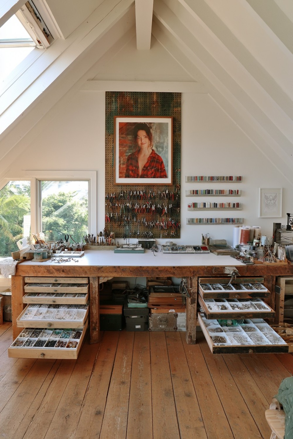 Attic jewelry-making studio with precision tool storage
