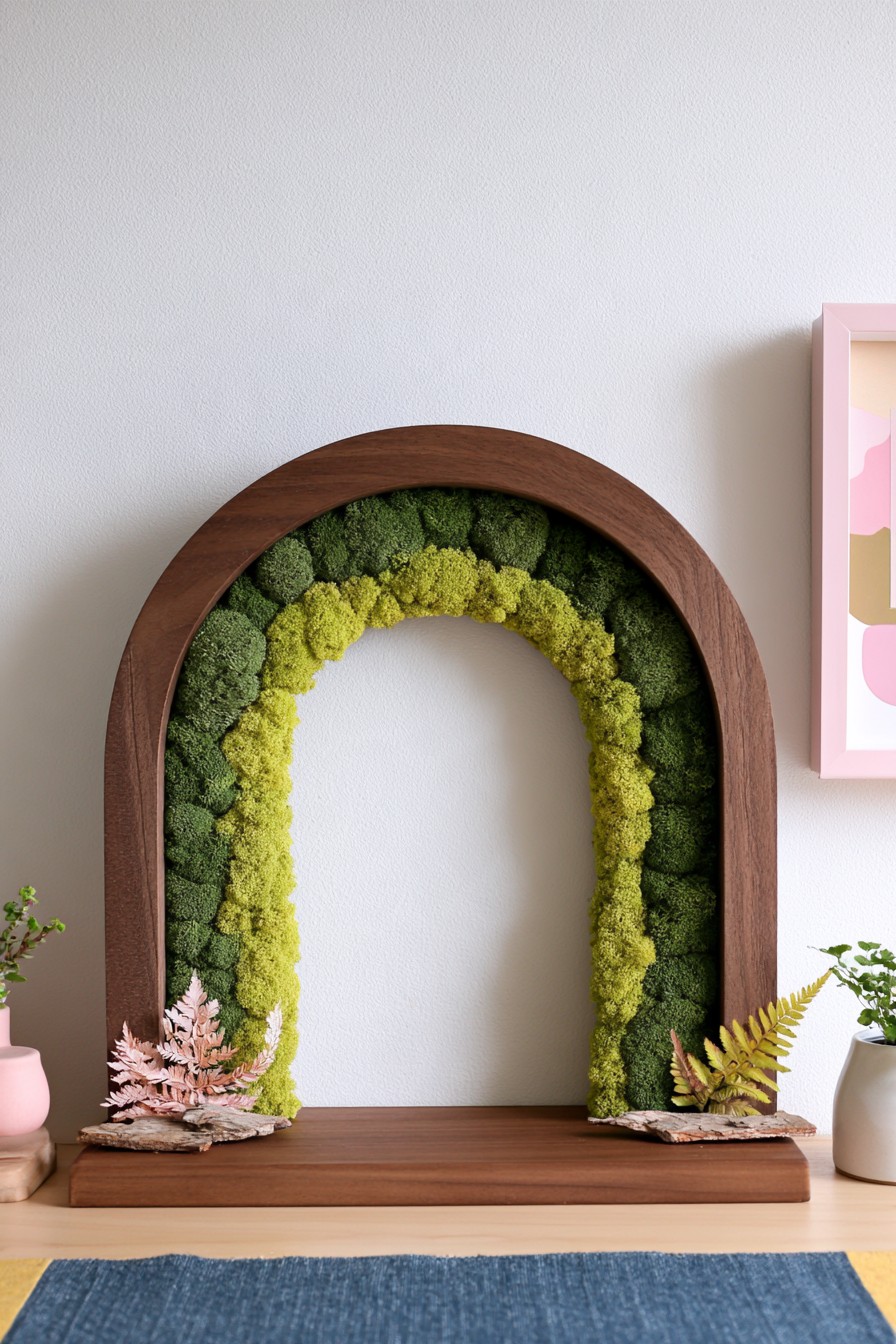 Freestanding wooden arch display with layered preserved moss