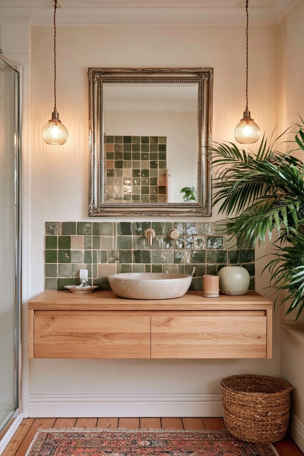 Olive green artisan tiles used in an earthy boho bathroom